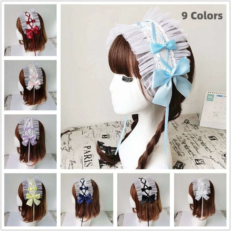 

Japanese Anime Gothic Headband Lolita Tea Party Headwear KC Sweet Hair Accessories Handmade Lace Bow Ornament