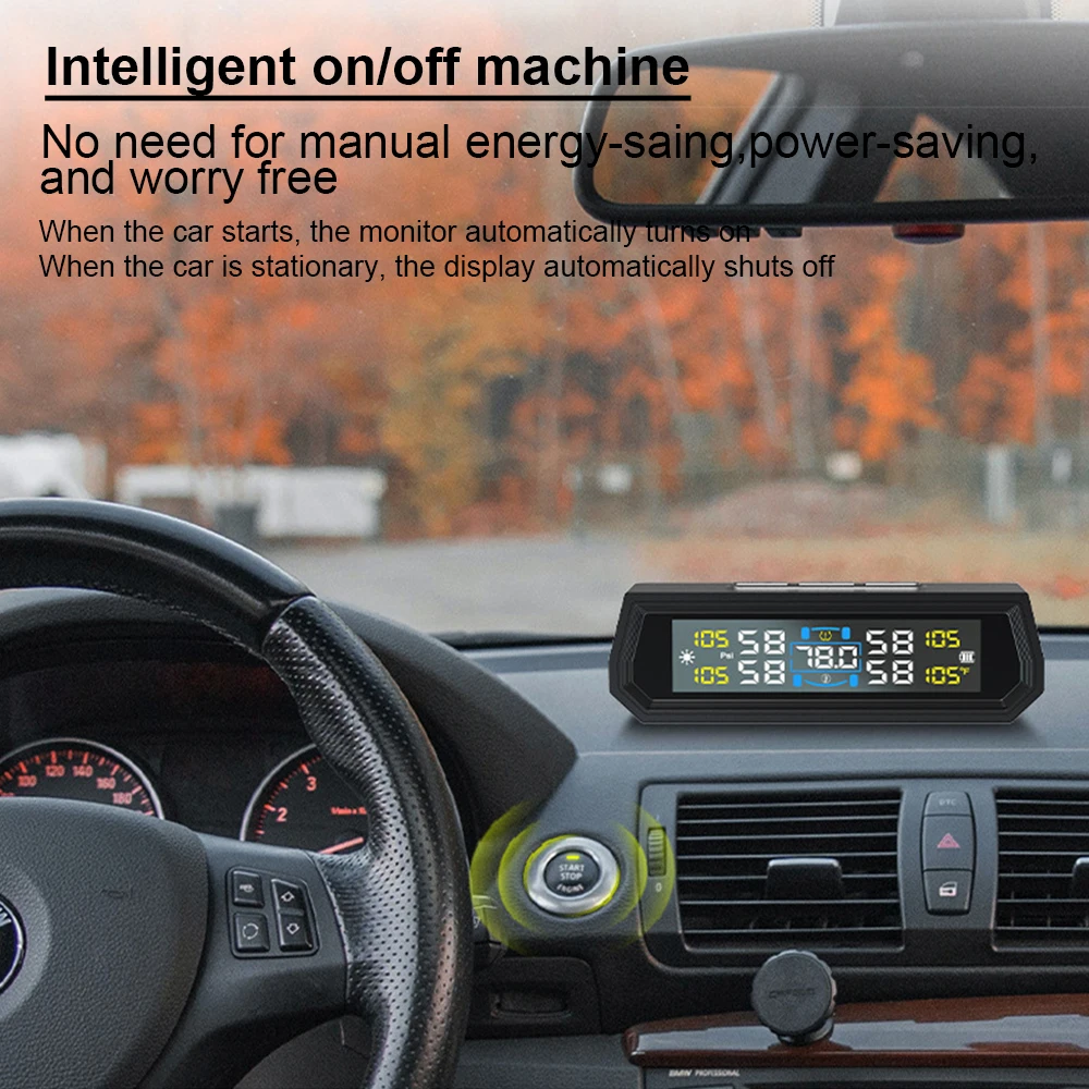 Tire Pressure Monitoring System Temperature Warning With 4 External Sensors Solar TPMS Car Tyre Pressure Monitor Voice Warning