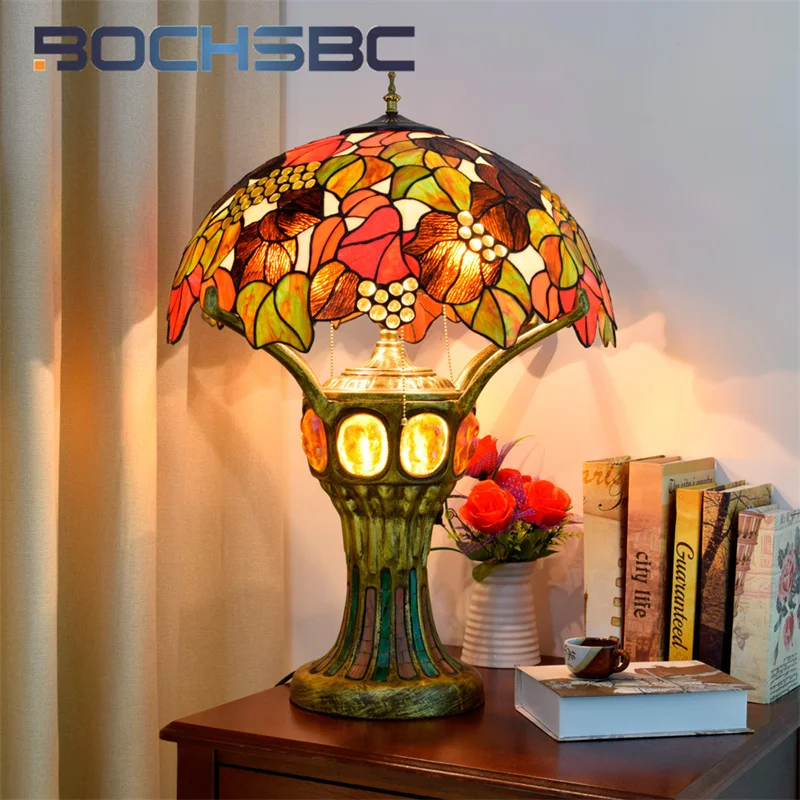 

BOCHSBC Tiffany grape stained glass desk lamp retro style art Deco living room study bedroom bar decorative lamp Lighting lamp