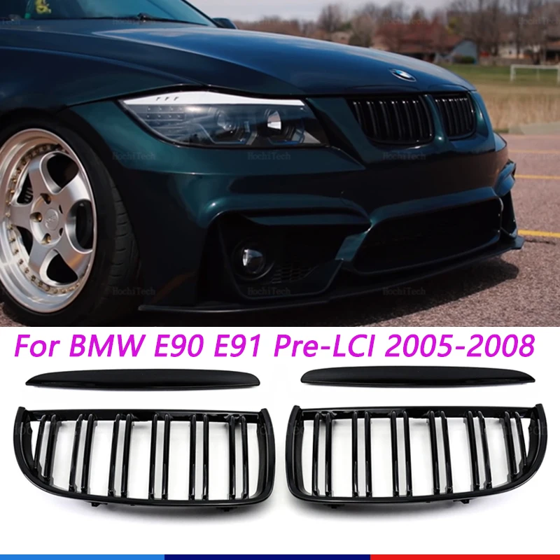 

One Pair High Quality Front Kidney Grille Hood Grills Double Line Slat For BMW 3 Series E90 E91 320i 323i 328i 335i 2005-2008