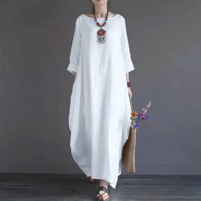 2023 Spring New Loose Size Round Neck Mid-Sleeve Large Swing Cotton and Linen Long Dress Ankle-Length Linen Dress for Women