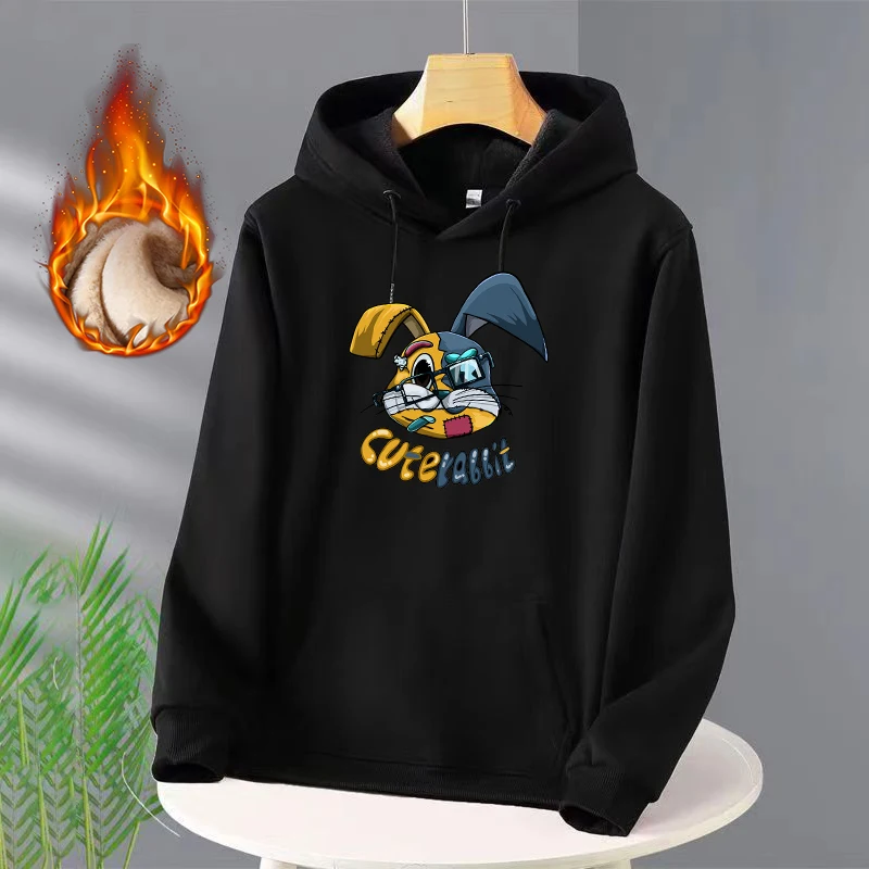 

Cute Rabbit Print Cotton Hoodie Fashion Brand Fleece Women's Hooded Pullover Sweatshirt Men Clothing Add fleece to Thicken