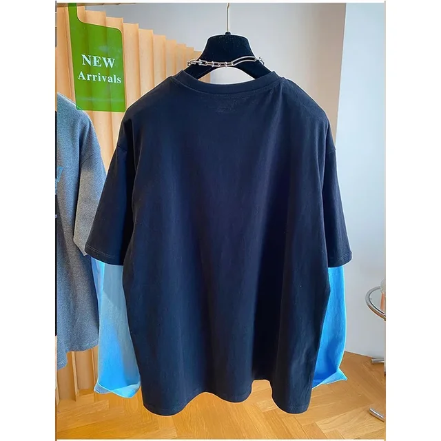 2025 Autumn New Oversized Women Clothing All-match Patchwork Fake Two Pieces Female Casual Letter O-neck T-Shirts Femme Top Tee 2