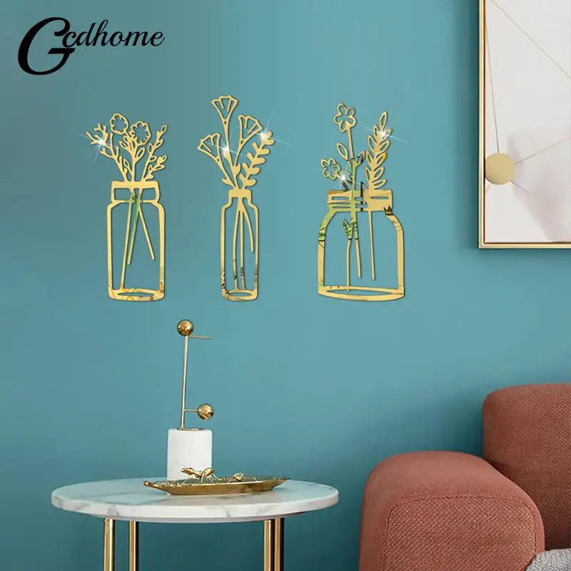 Vase Flowers Heart Butterfly Mirror Wall Sticker 3d Art Wall Decal Removable Mirror Stickers For Home Decoration Home Decoration