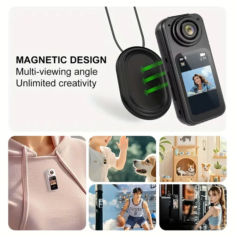 Caméra d'action 2.7K rotative 180° en rotation, montrant sa flexibilité de prise de vue