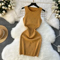 Beading  Summer Women's Knitting Sheath Tank Dress Female Bodycon Knitted Camisole Sleeveless Mini Dresses For Woman Outfits - Image 3