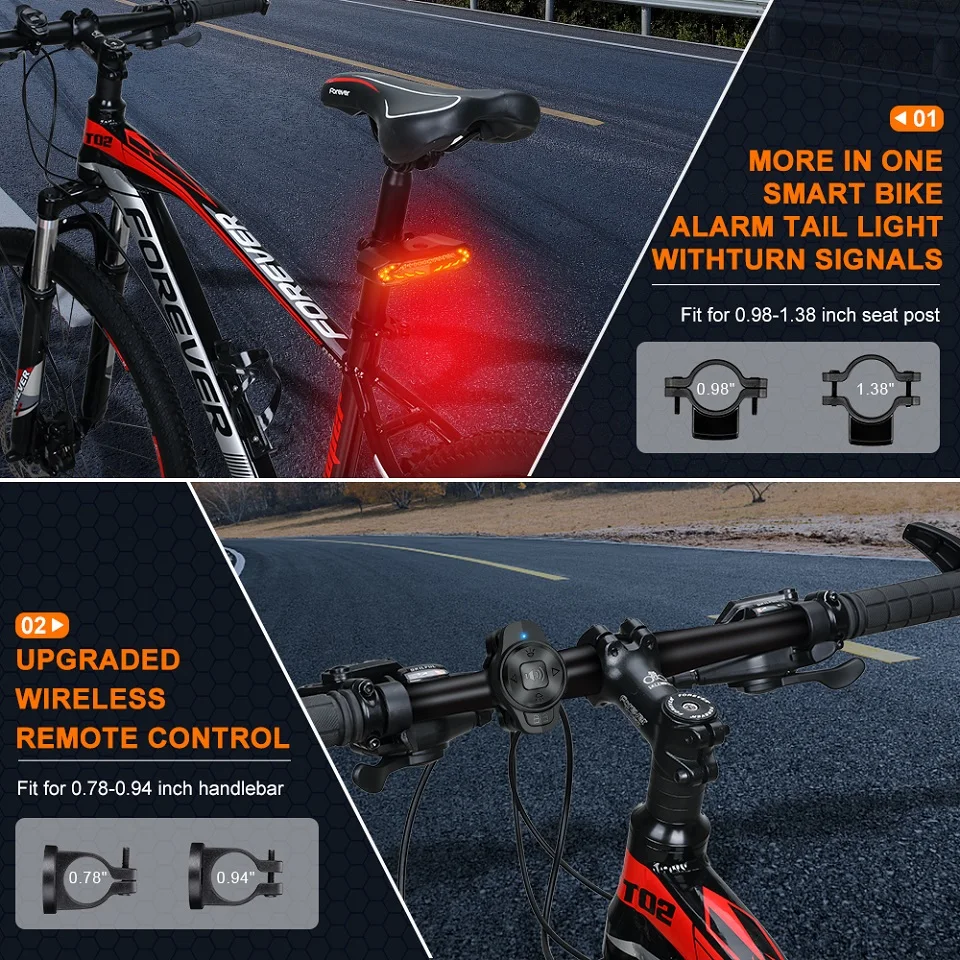 Remote Control Bike Alarm Wireless Vibration Alarm Bicycle Taillight Extractme Wireless Bicycle Alarm Rear Tail Light Turn Signal IP65 Waterproof Remote Control USB Bike Brake Taillight