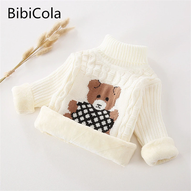 

2T-7T bear winter boy girl kid thick Knitted bottoming turtleneck shirts baby high collar pullover toddler fleece warm sweater