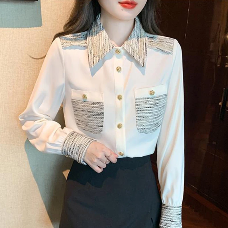 Spring Autumn Polo-neck Elegant Fashion Patchwork Shirt Ladies Long Sleeve Buttons All-match Blouse Women Casual Cardigans Top