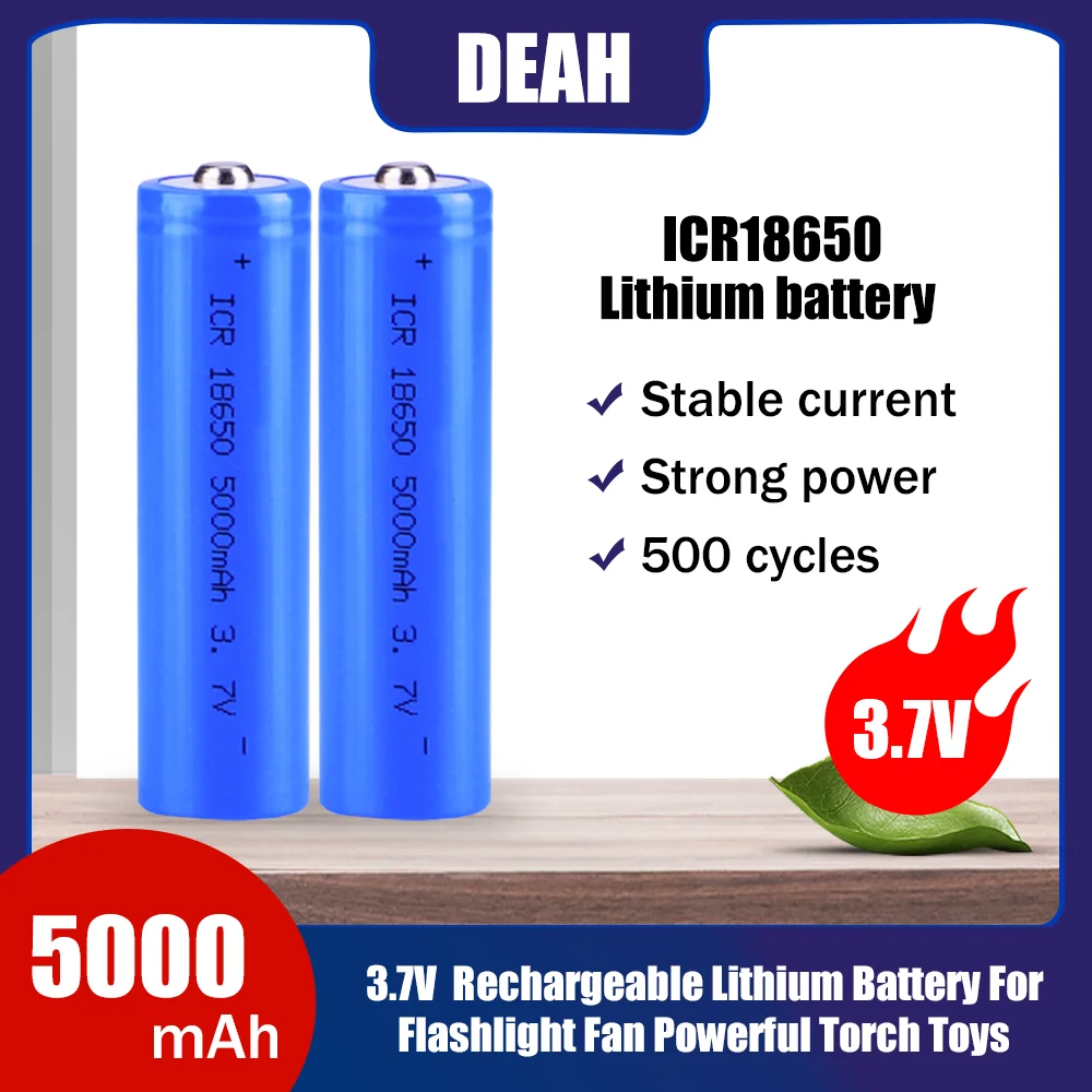 High Capacity ICR18650 18650 3.7V 5000mAh Lithium Rechargeable Battery with Pointed (No PCB) For Flashlight Powerful Torch Toys |