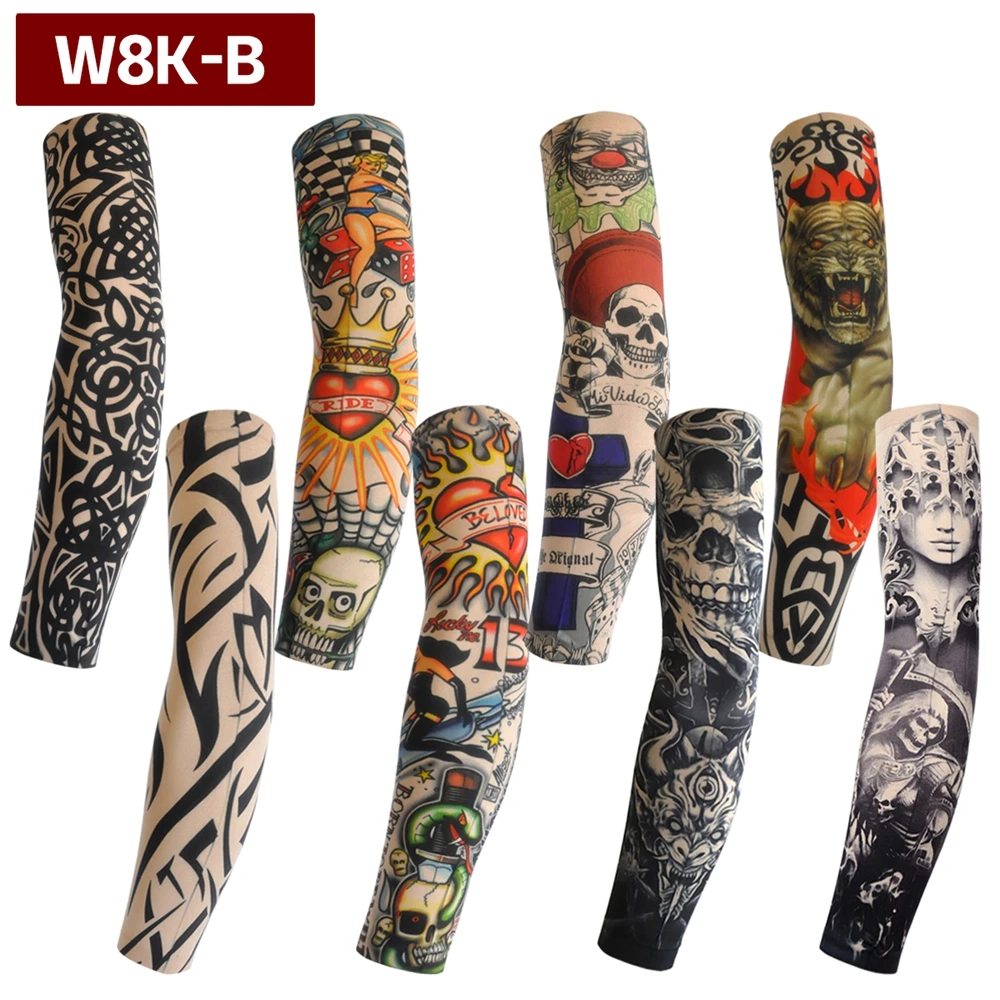 8pcs Men Long Summer Tattoo Sleeves Seamless Armguard Sun Protection Cover Outdoor Gloves Driving Ice Silk Women Arm Sleeves