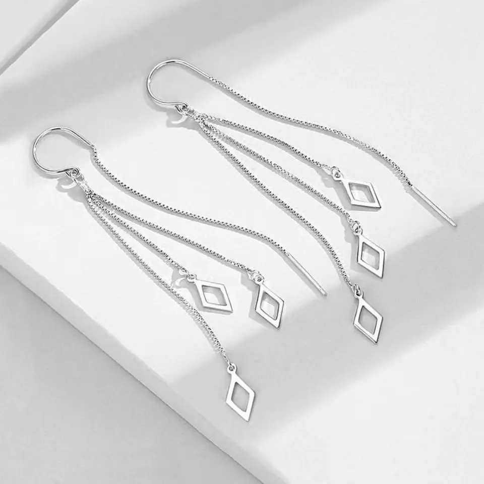 Silver Geometric Rhombus Earrings Women Temperament Tassel Long Ear Line Fashion Jewelry Gift