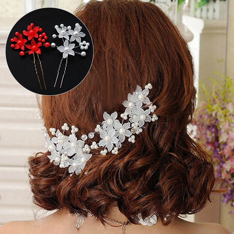 Red White Flower U Shaped Hairpin Pearl Elegant Hair Pins Hair Jewelry  Accessories For Women Wedding Hair Ornaments Hair Clip - Scrunchie -  AliExpress