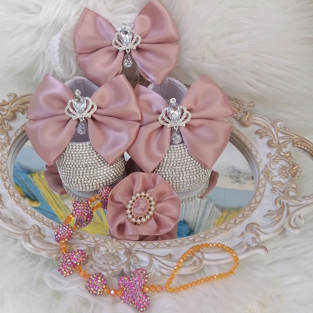 

Handmade Bow Rhinestones Baby Girl Kids Shoes Hairband Pacifier Clip Comb First Walker Sparkle Bling Crystals Shower Gift