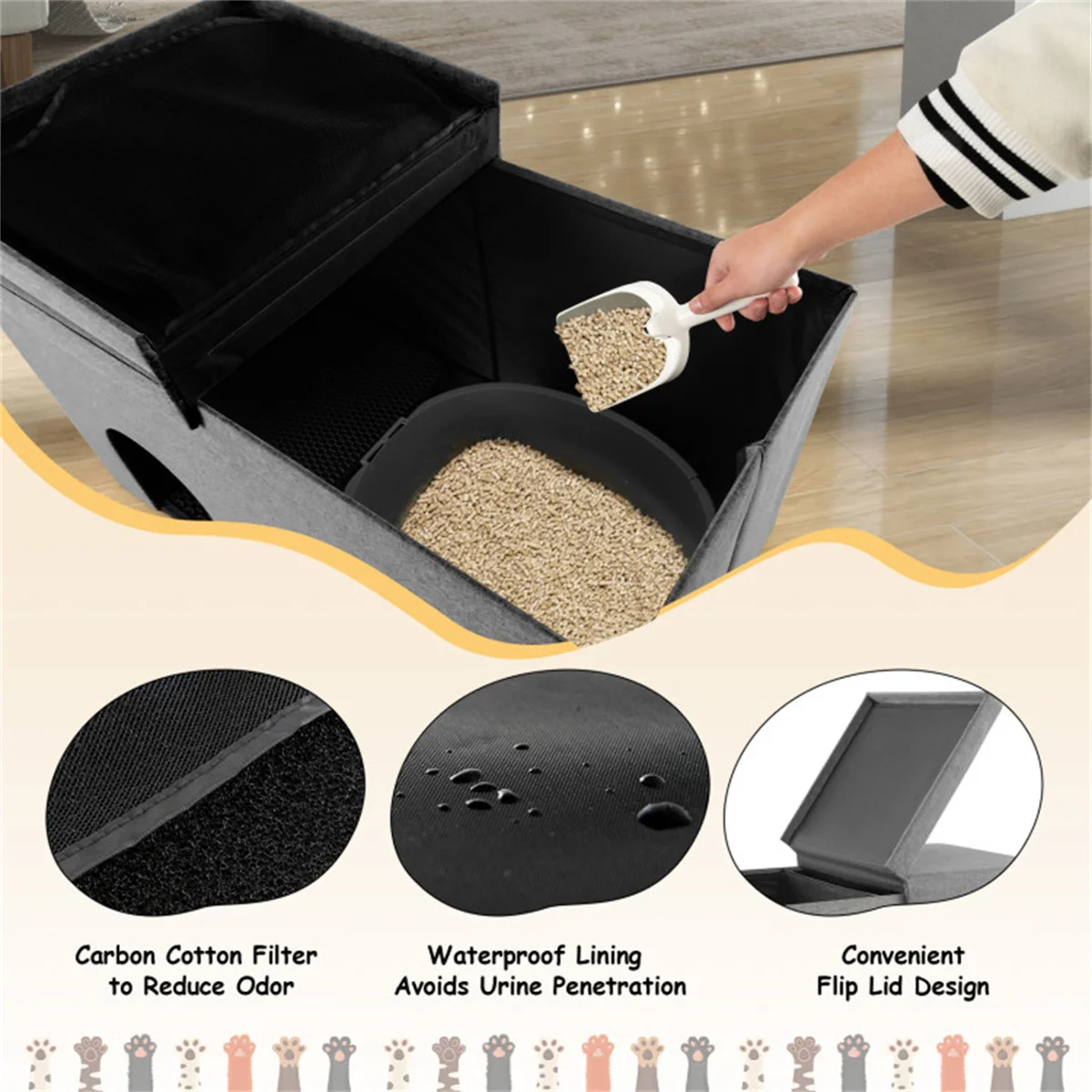 Gray Cat Litter Box Enclosure，Entrance Shoe Stool with Urine Proof Litter Mat