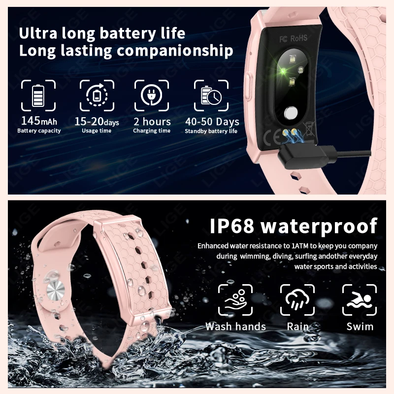 LIGE New Sport Smart Bracelet Women Heart Rate Blood Oxygen Monitor Fitness Tracker Pedometer Call Reminder Lady Smartwatch Band