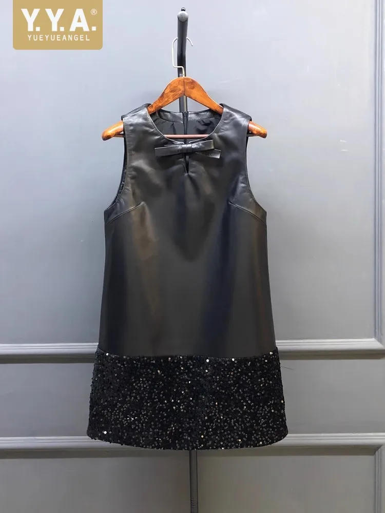 Women Fashion Genuine Leather Dress O-Neck Sleeveless Bowknot Patchwork  Sequined Elegant Party Ladies A-Line Tank Short Dresses - AliExpress  200000345