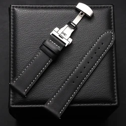 Premium Leather Watch Band with Butterfly Clasp - Quick Release Strap - Gold Buckle (Black)