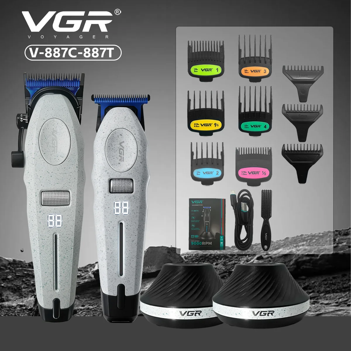 VGR 바리깡 트리머 이발기 클리퍼 헤어 트리머 전문가용 클리퍼 조절 가능 이발기 전기식 9000 RPM 바버 콤보 남성용 ..