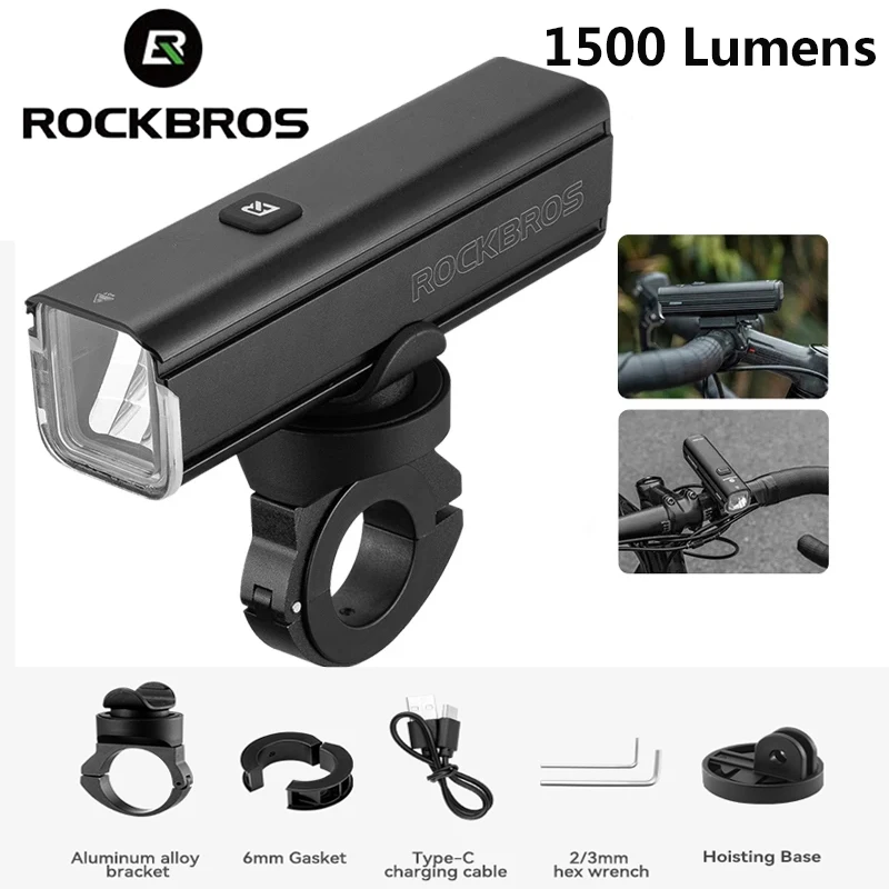 ROCKBROS 1500LM Bicycle Light Waterproof Headlight Type-C Rechargeable LED 5500mAh Bike Light Front Lamp Bike Accessories