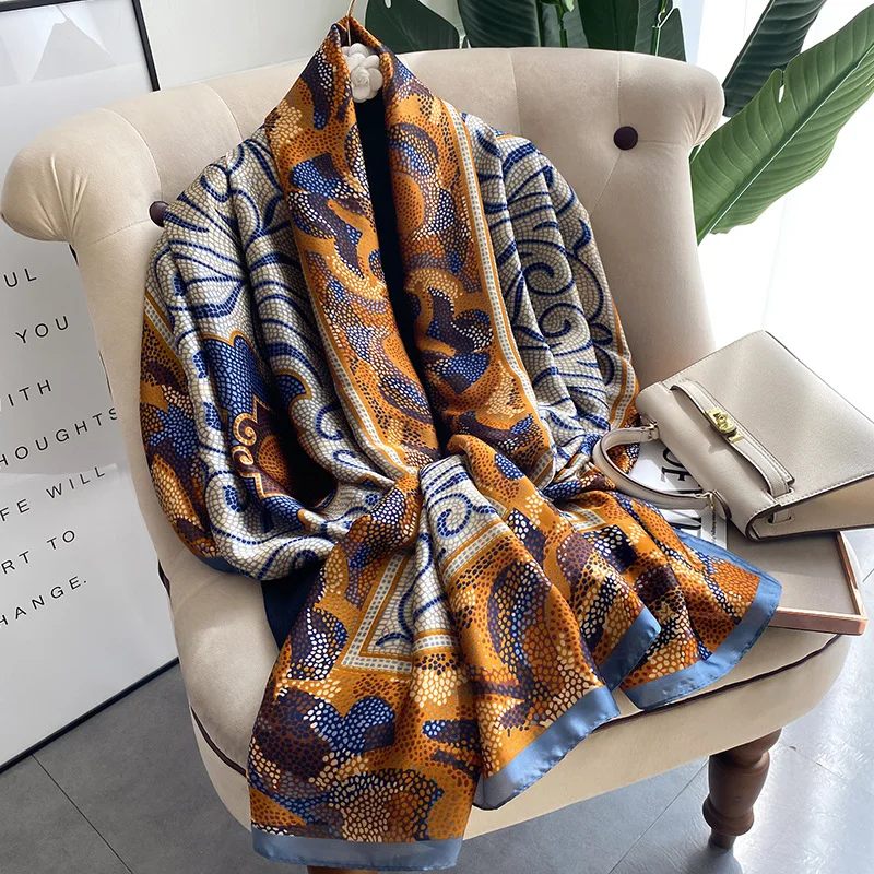S178f40ea4a1447eeb8afc7ed545b59a2Q 180x90cm Large Silk Satin Scarf Hijab Women Print Spring New Shawl Wrap Female Hand Foulard Pashmina Mallzona