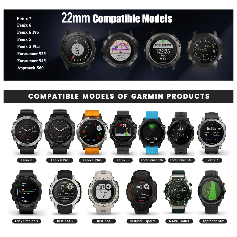 YAYUU Pulseiras de 22 mm para Garmin Fenix 6/6 Pro Fenix 5/5 Plus Forerunner 935/Approach S60/Fenix 7 pulseira de silicone impressa de ajuste rápido