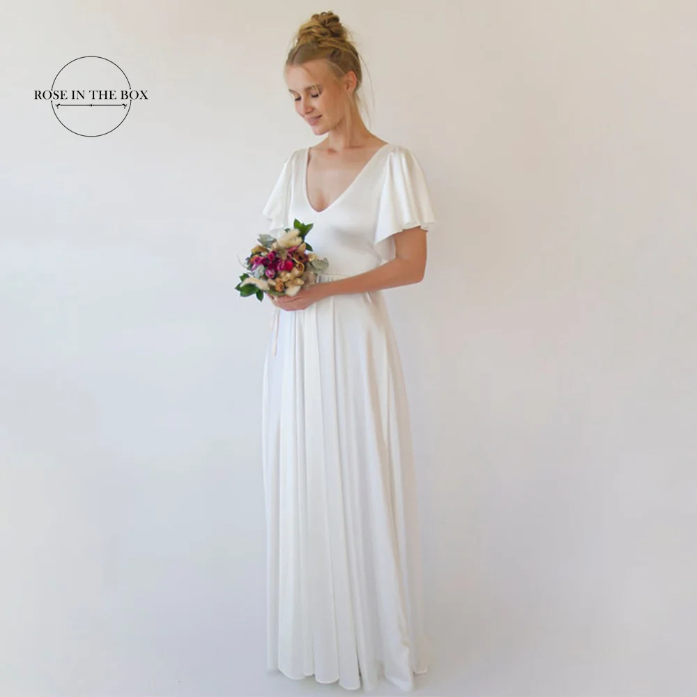 

2023 Elegant Satin Boho Wedding Dresses For Women Simple V Neck Butterfly Sleeves Ivory A Line Bridal Gowns Vestidos De Novia