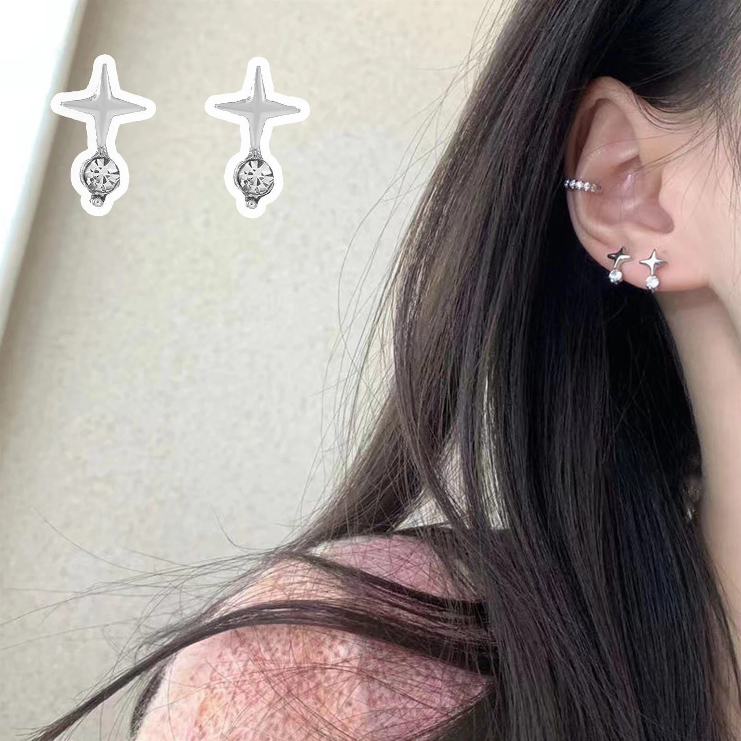 

6Pcs/Set Heart Stud Earrings Women's Personality Fashion Pink Crystal Temperament Star Earrings Piercing For Ears