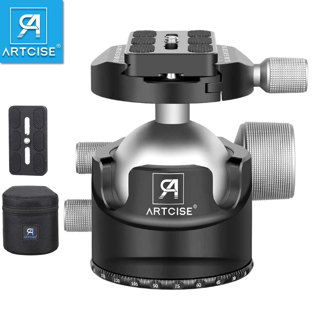 ARTCISE Low Profile Camera statief kogelkop, 34 mm volledig metalen CNC-panoramakop met twee snelkoppelingsplaten voor DSLR, camcorder, telescoop, max. belasting 15 kg