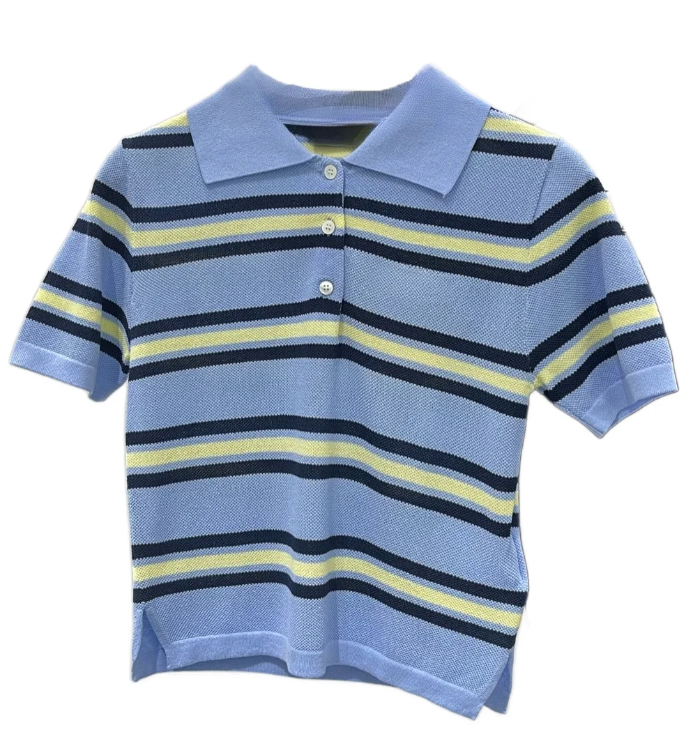

Wool short-sleeved T-shirt lapel short slim-fit version style color contrast stripe single-breasted design comfort winter spring