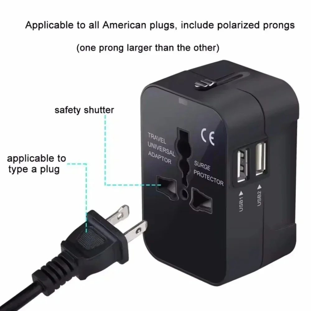 Universal Travel AC Power Adapter with Dual USB Ports EU US UK AU Outlet Converter Socket Plug Global Conversion Charger