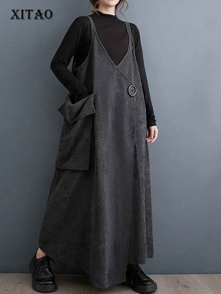 

Женское свободное платье на бретельках XITAO, модное простое однотонное платье с V-образным вырезом, весна 2024, LYD1263