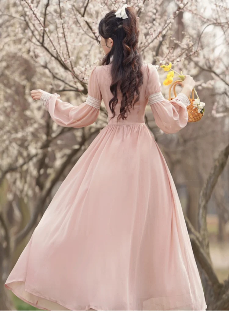 Romantic Pink Chiffon Fairy Dress Woman Vintage Lantern Sleeve V