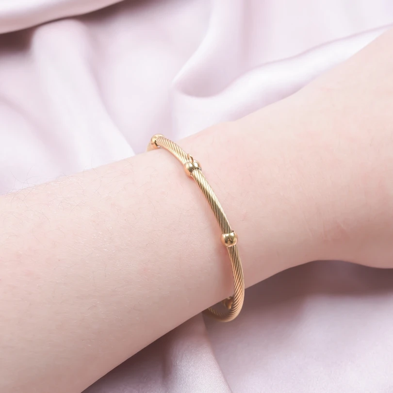 1Pc Stainless Steel Simple Beads Twist Cable Wire Bracelet For Women Kpop Styles Punk Open wrist Men Bangle Jewelry Accessories 4