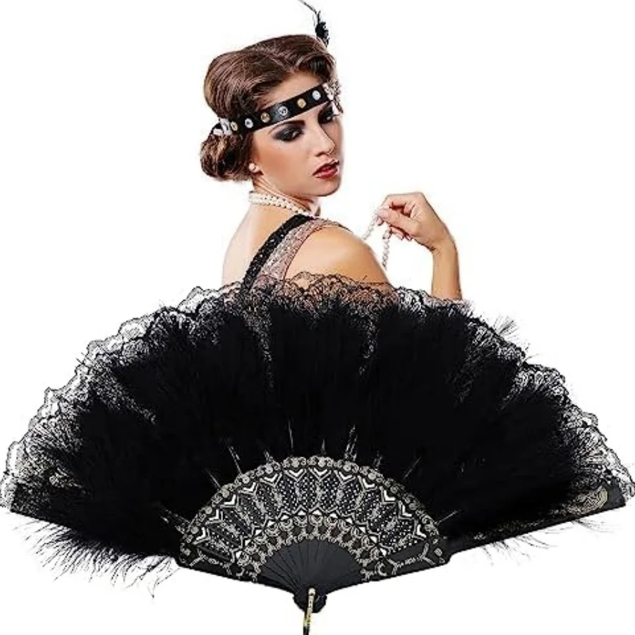 مروحة ريشة سوداء، مروحة يد 1920s، مروحة ريش ريترو من الدانتيل، مروحة ريش دانتيل، ملابس نسائية 1920s، أداء رقص، زفاف