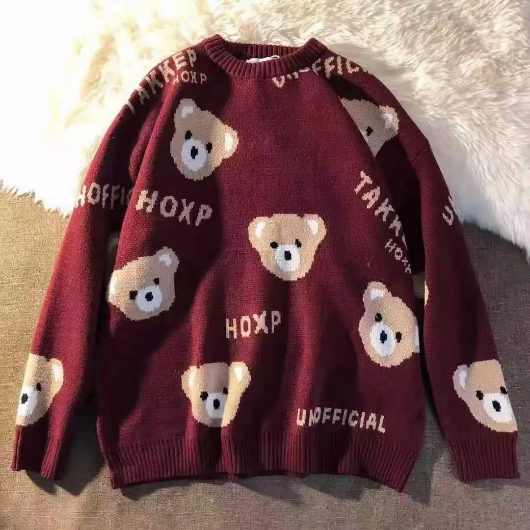 Women Oversized Teddy Bear Knitted Sweater Vintage O Neck Harajuku Causal  Pullovers Chic Tops Men Couples Jumper 2022 Fashion - AliExpress