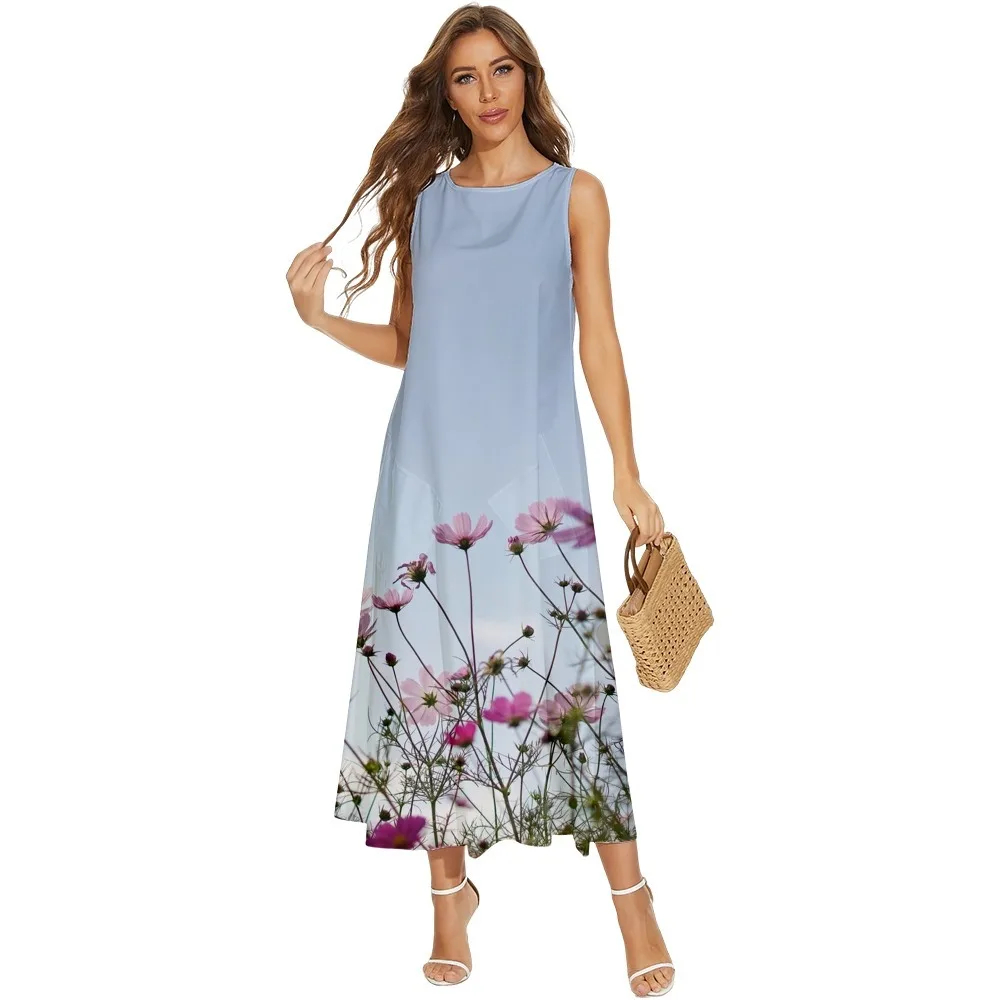 

Женское пляжное платье без рукавов, длинное платье с цветочным принтом и карманами, праздничная одежда, весна-лето
