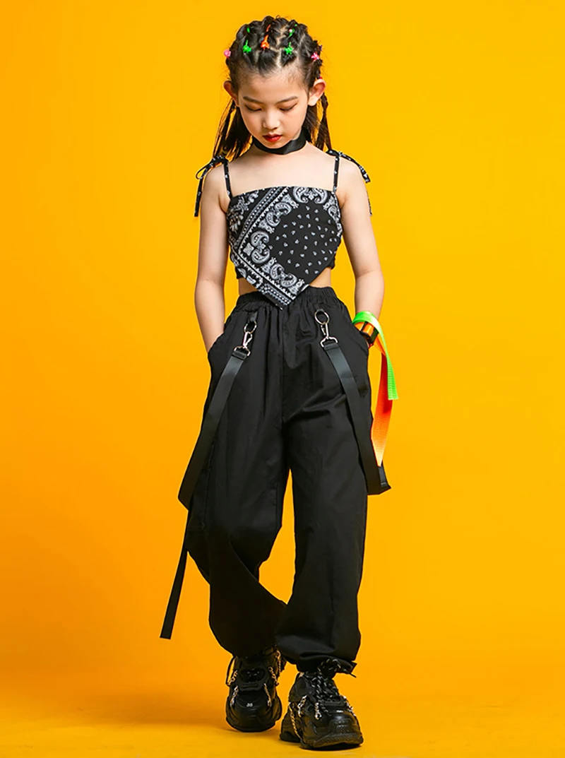 Kids Punk Streetwear Jazz Costume Girls Hip Hop Clothing Crop Top Cargo Pants Neck Mesh Skirt Sets Teenage Street Dance Clothes