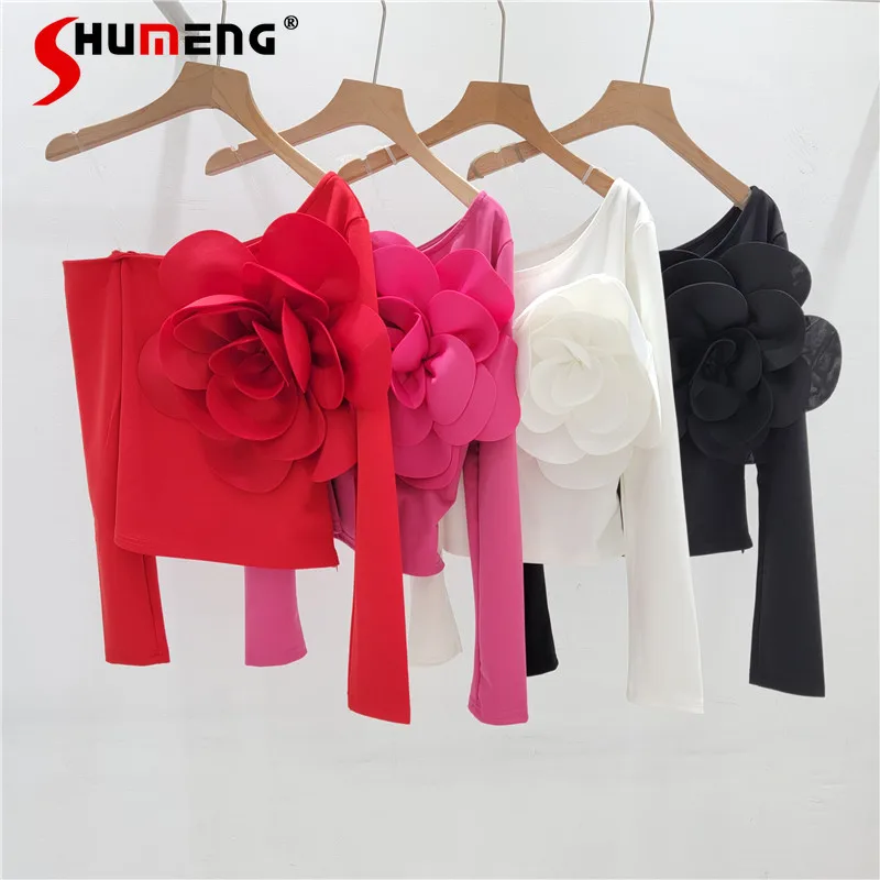 

Hot Girl Three-Dimensional Large Flower Suspender T-shirt 2024 Sexy Woman Diagonal Collar Single-Shoulder Long Sleeve Tee Top