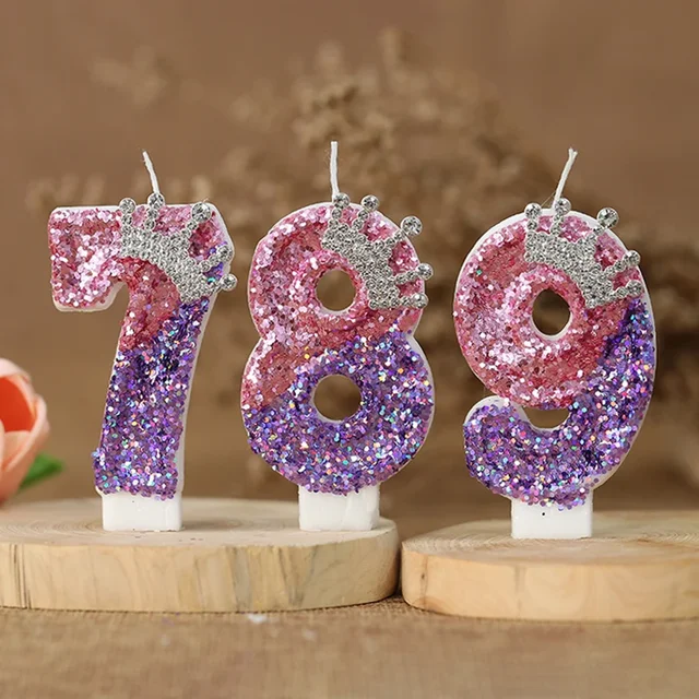 Bougies d'anniversaire 0-9 chiffres strass couronne paillettes filles gâteau décoratif rose violet bougie pour décoration de gâteau fête d'anniversaire 3