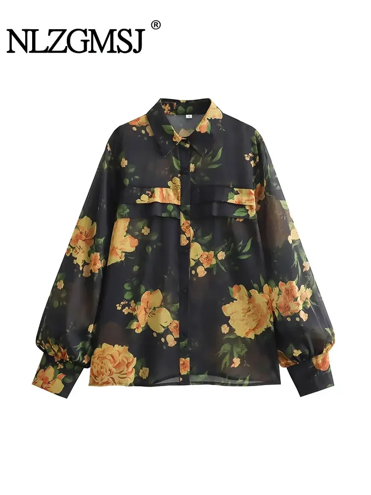

Женская модная блузка с отложным воротником и цветочным принтом Nlzgmsj TRAF 2024, женская рубашка на пуговицах, шикарная блузка, топы