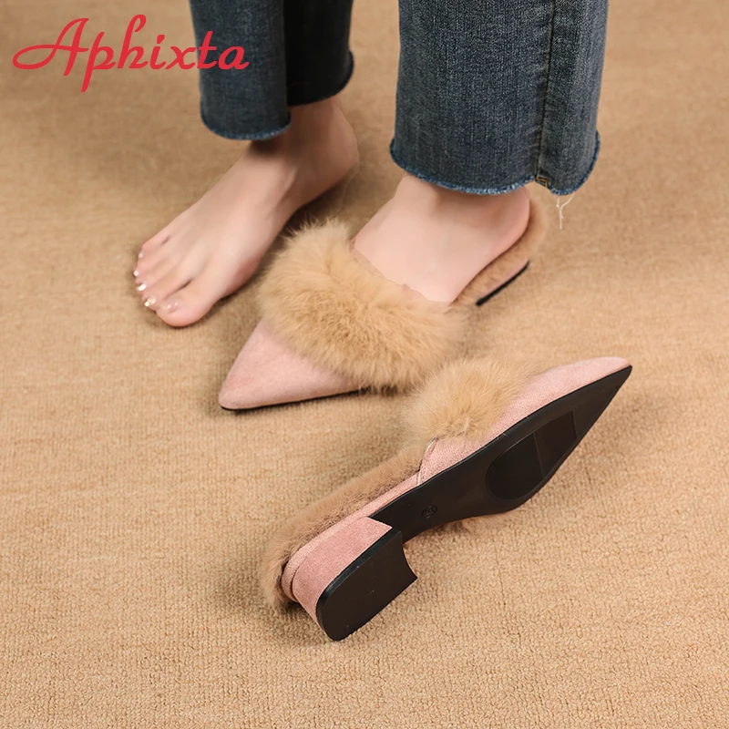 Aphixta Pink Black Warm Real Rabbit Hair Fur Slippers Women Shoes Winter Pointed Toe 3cm Square Heel Lady Indoor Slides Size 41