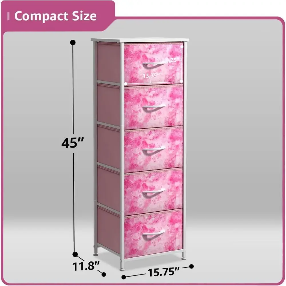 5-Drawer Fabric Nursery Organizer Pink Tie-dye Storage Tower Foldable Drawers Steel Frame MDF Wood Children's Playroom Organizer 3