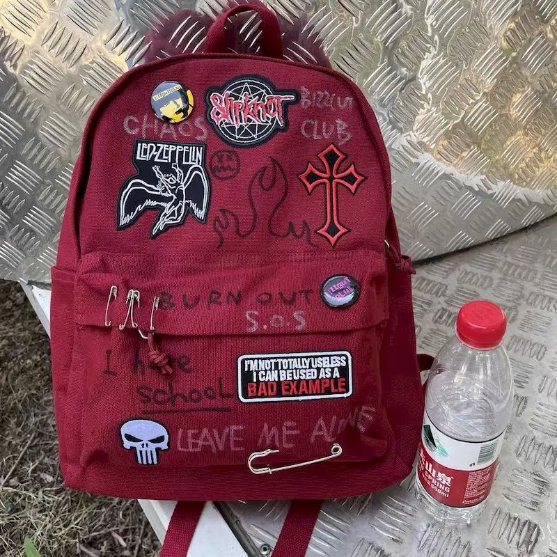 Wine Red Rock Punk Y2K Backpacks Student Large Capacity