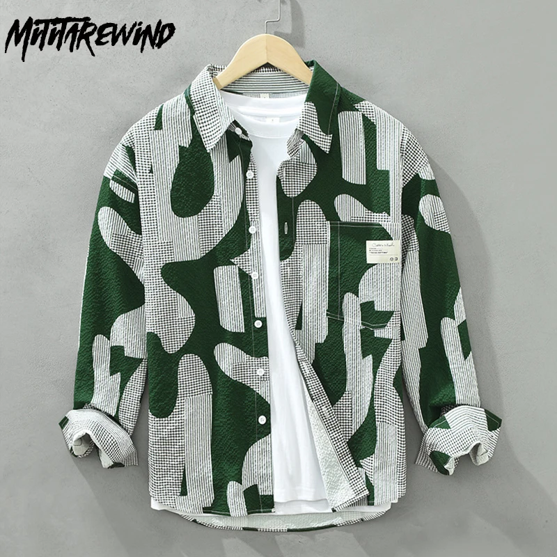 

Рубашка мужская с квадратным воротником, модная повседневная Уличная одежда с принтом, свободная Молодежная рубашка с длинными рукавами и карманами