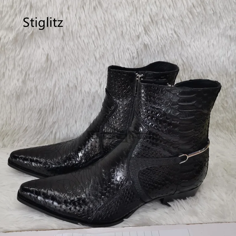 Genuine Leather Embroidery Men's Boots Pointy Chelsea Boots Snakeskin Metal Decor Chunky Heeled Ankle Boots Party Male Shoes