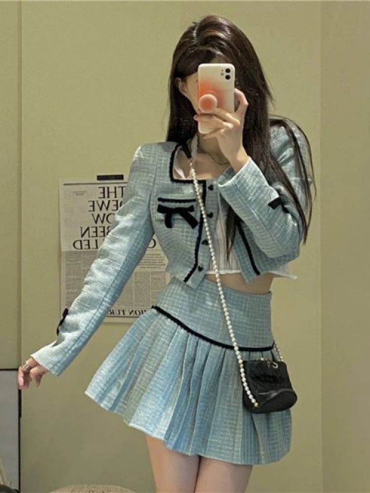 

High Quality Square Neck Fall Winter Tweed Two Piece Set Women Sweet Bowknot Crop Top Coat+ Mini Pleated Skirt Ensemble