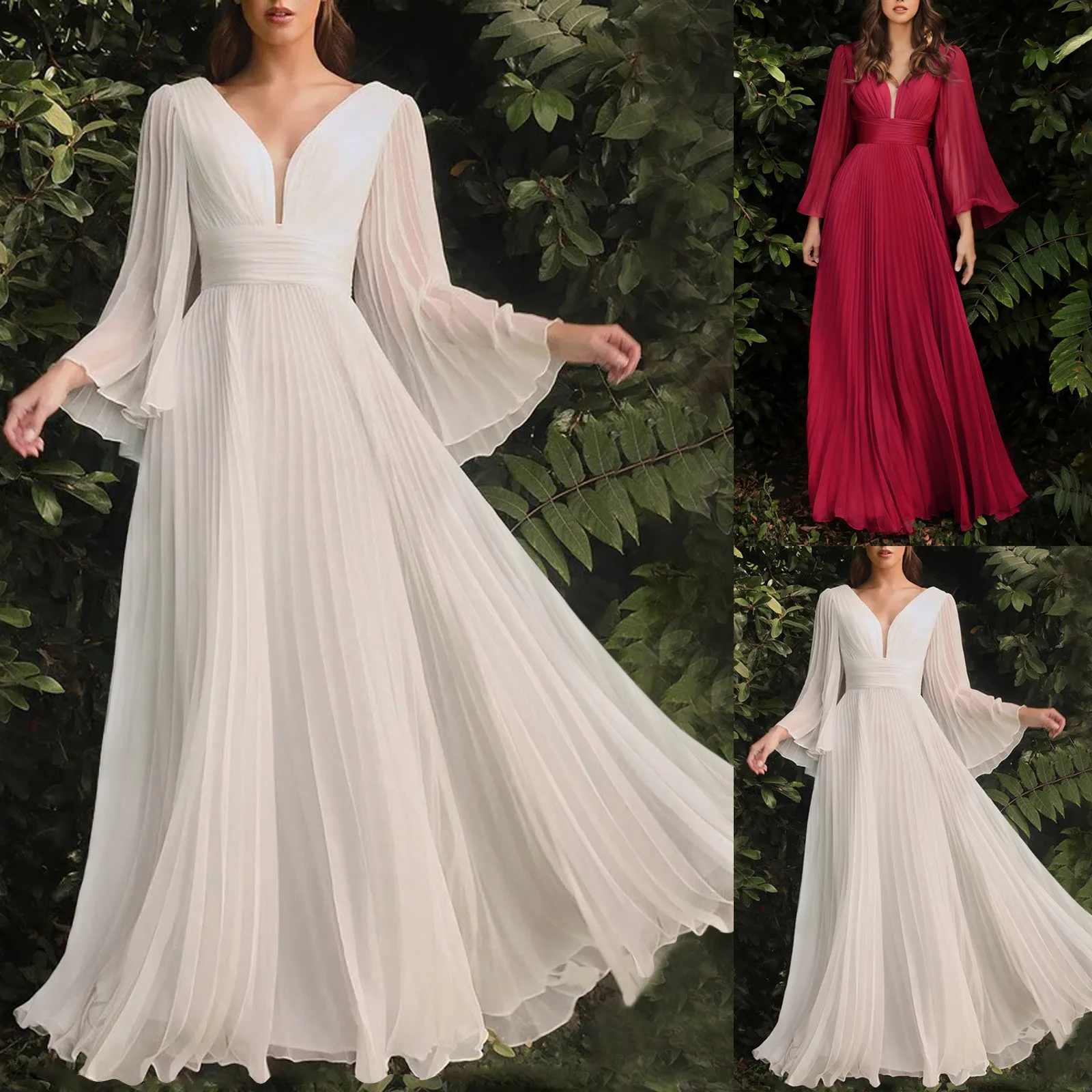 

Women Elegant Solid Color Deep V Flare Long Sleeve Maxi Dress Evening Party Dress Masquerade Dress Evening Party Wear