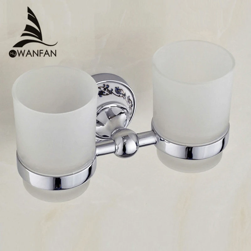 

Cup & Tumbler Holders Metal Chrome Silver Toothbrush Holder With 2 Glass Cups Wall Mounted Ceramic Bathroom Accessories ST-6703
