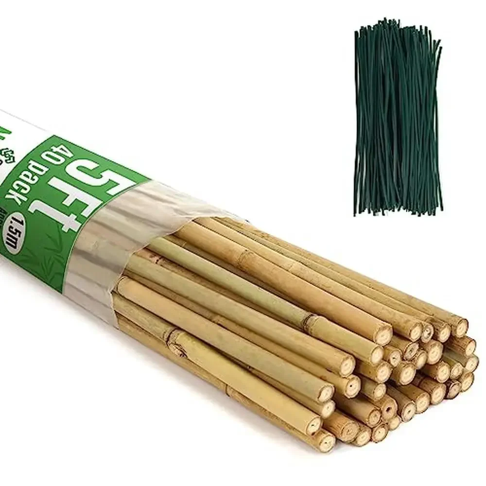 40 Pack Bamboo Plant Stakes 5ft 57.5inch with 200pcs Twist Ties Garden Support Poles Tomatoes Beans Vine Climbing Plants